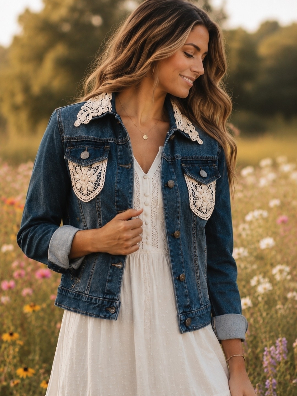 LLOVE Denim Jacket L Lace Pearl Embellished Cropped Jean Jacket Boho Cottagecore